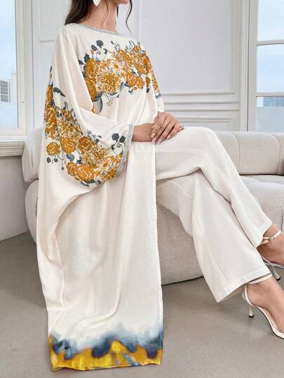 Mulvari طقم ملابس علوية كم خفاش مطبوع بالورود وبنطلون ساق واسعة مكون من قطعتين