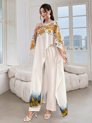 Mulvari طقم ملابس علوية كم خفاش مطبوع بالورود وبنطلون ساق واسعة مكون من قطعتين