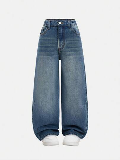 SHEIN بنطلون جينز نساء فضفاض مستقيم الساق، طراز فينتاج Y2K كاجوال أساسي متعدد الاستخدامات مغسول قطني مريح، مجموعة 2025 للربيع والصيف، مناسب للارتداء اليومي