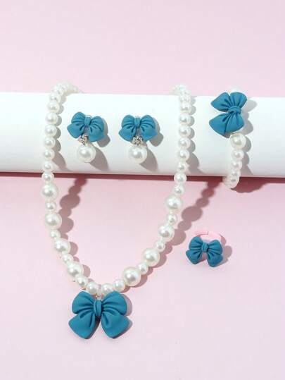 طقم قلادة أطفال وردي 1مجموعة/5قطع مع فيونكة جميلة، قلادة خرزية، خاتم، أقراط للزينة