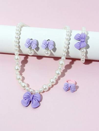 طقم قلادة أطفال وردي 1مجموعة/5قطع مع فيونكة جميلة، قلادة خرزية، خاتم، أقراط للزينة