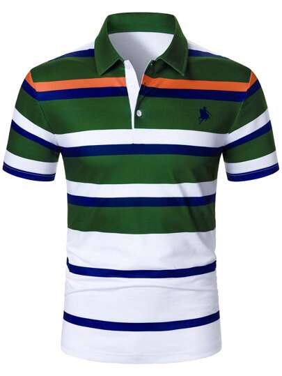 Manfinity Bizformal قميص بولو أكمام قصيرة ذو ألوان كتل ورسوم مخطط للرجال، للارتداء في الأعمال التجارية والرحلات والاستخدام اليومي العادي، باللون الأزرق والأخضر والبرتقالي، مناسب لرياضة الجولف