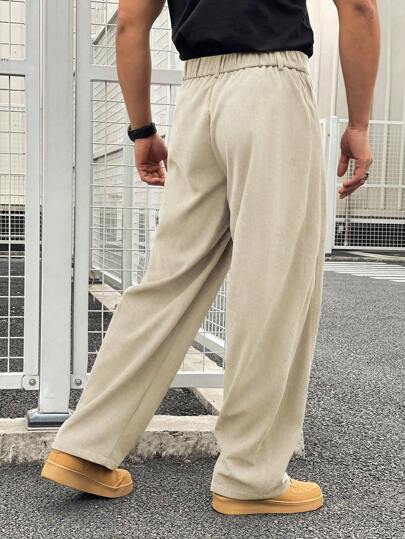 Manfinity Homme بنطلون قطيفة أمريكي بطراز كاركو للرجال، سراويل ثقيلة طبقة مرتخية بعرض مستقيم، تصميم ياباني عالي الجودة للاستخدام اليومي الكاجوال