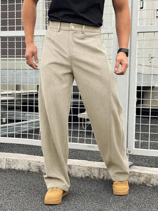 Manfinity Homme بنطلون قطيفة أمريكي بطراز كاركو للرجال، سراويل ثقيلة طبقة مرتخية بعرض مستقيم، تصميم ياباني عالي الجودة للاستخدام اليومي الكاجوال