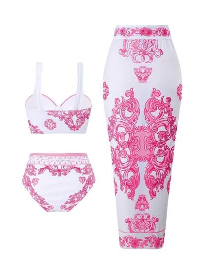 SHEIN Swim Curve مجموعة سباحة للمرأة البدينة مكونة من 3 قطع، بلوزة بنقشة رقمية مبطنة بسير مدعم، وتنورة مغطاة، لأوقات الشاطئ والعطلات