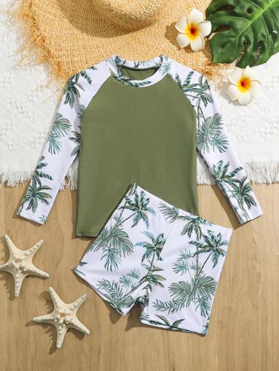 مايوه أولادي مجموعة بدلة سباحة للصبي الصغير برسمات استوائية واقي طويل الأكمام
