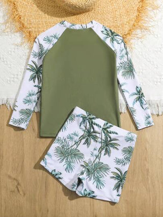 مايوه أولادي مجموعة بدلة سباحة للصبي الصغير برسمات استوائية واقي طويل الأكمام