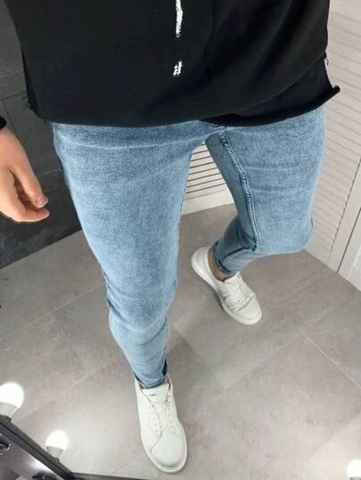 بنطال جينز رجالي ممطط مغسول بخصر ضيق وقصة نحيفة عصرية