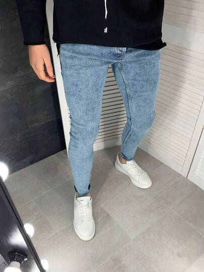 بنطال جينز رجالي ممطط مغسول بخصر ضيق وقصة نحيفة عصرية