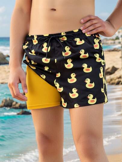 مايوه أولادي صبيان المراهقين شورت كاجوال على شكل بط مطبوع ذو خصر مريح وبطانة نسيج متماسك، قصة ضيقة لتسلل على الشاطئ وسباحة