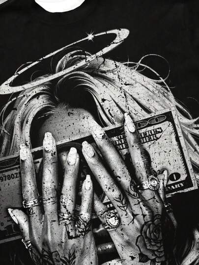 Manfinity EMRG تيشيرت رجالي بصورة وجه ملاك محفور عليه طباعة نقود، تيشيرت رجالي بطباعات الشارع، أزياء الشارع