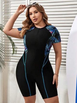 Swim SPRTY مايوه رياضي مكوّن من قطعة واحدة للصيف بأكمام قصيرة وحجم كبير مع طبعة نباتية للشاطئ
