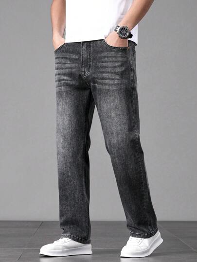 بنطلون جينز رجالي غسيل فاتح أنيق ضيق الساق، بنطلون كاجوال متنوع الاستخدام، مناسب لجميع المواسم