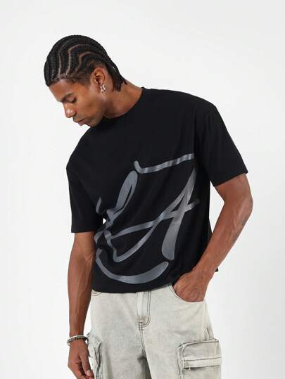 SUMWON قميص كاجوال فضفاض ريترو ستريت وير ذو طباعة جرافيك انتزاعية, طراز شهري فني, قطن مريح متين, لازمة الصيف عملية العنق الطاقم