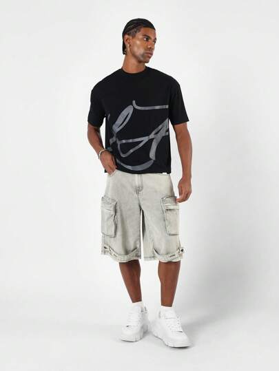 SUMWON قميص كاجوال فضفاض ريترو ستريت وير ذو طباعة جرافيك انتزاعية, طراز شهري فني, قطن مريح متين, لازمة الصيف عملية العنق الطاقم