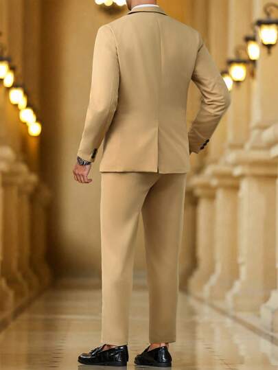 Manfinity Bizformal بذلة رسمية كاجوال للرجال تتكون من جاكيت ياقة عالية مع تريم متباين والبنطلون المطابق