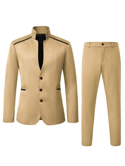 Manfinity Bizformal بذلة رسمية كاجوال للرجال تتكون من جاكيت ياقة عالية مع تريم متباين والبنطلون المطابق