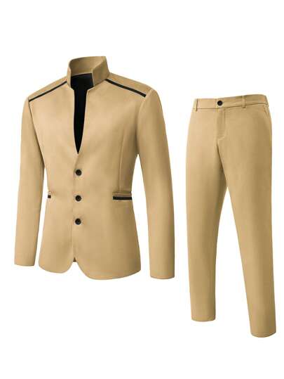 Manfinity Bizformal بذلة رسمية كاجوال للرجال تتكون من جاكيت ياقة عالية مع تريم متباين والبنطلون المطابق