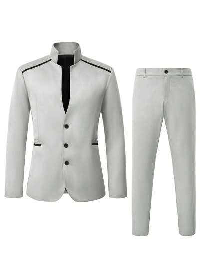 Manfinity Bizformal بدلة رجالية كاجوال قطعتين جاكيت وبنطلون ذات قصة يقة عالية وأحادية الصدر
