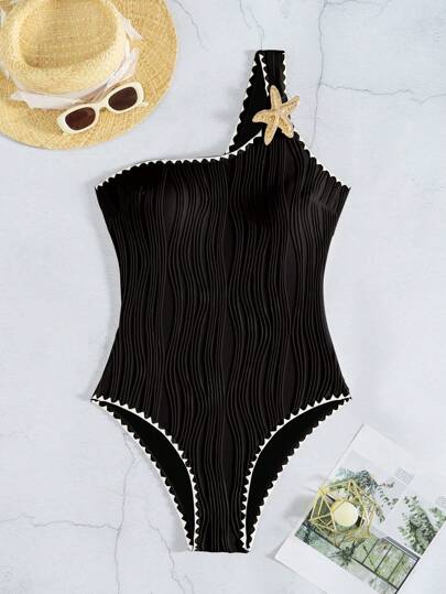 مايوه حريمي قطعة واحدة Swim بذلة سباحة نسائية قطعة واحدة ذات كتف مكشوف، مزينة بالكشكشة والنجوم البحرية ذات قصة مناسبة، مناسبة للعطلات الشاطئية