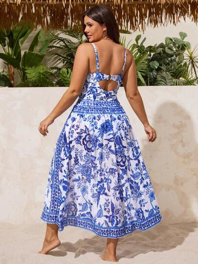 Swim Oasis بدلة سباحة قطعة واحدة ذات سقاطة للسيدات بحجم كبير، مع طبعة صينية، وتنورة متوسطة الطول ملائمة لإرتدائها في الرحلات السياحية والشاطئ في الصيف