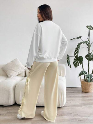 طقم حريمي قطعتين EZwear مجموعة بطقم شريط جولي البيضاوي بياقة دائرية وأكمام طويلة وبنطلون قطعتين للنساء
