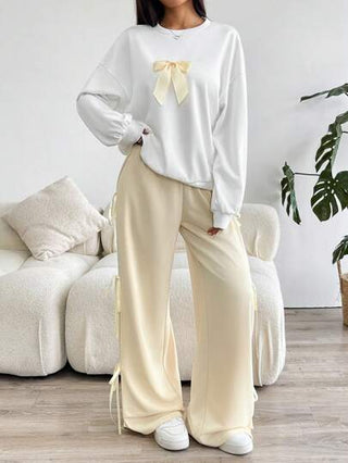 طقم حريمي قطعتين EZwear مجموعة بطقم شريط جولي البيضاوي بياقة دائرية وأكمام طويلة وبنطلون قطعتين للنساء