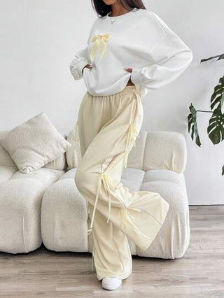 طقم حريمي قطعتين EZwear مجموعة بطقم شريط جولي البيضاوي بياقة دائرية وأكمام طويلة وبنطلون قطعتين للنساء
