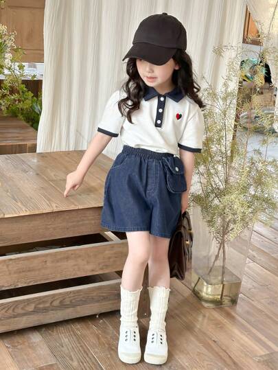 تيشيرتات بناتي DAZY مجموعة لفتاة شابة تتكون من تي شيرت كنزة ذو ياقة تطوي عليها، مطرز باللون الأساسي، وشورت جينز قطعتين، للربيع والصيف