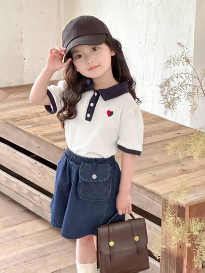 تيشيرتات بناتي DAZY مجموعة لفتاة شابة تتكون من تي شيرت كنزة ذو ياقة تطوي عليها، مطرز باللون الأساسي، وشورت جينز قطعتين، للربيع والصيف