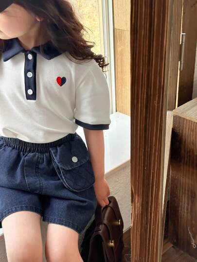 تيشيرتات بناتي DAZY مجموعة لفتاة شابة تتكون من تي شيرت كنزة ذو ياقة تطوي عليها، مطرز باللون الأساسي، وشورت جينز قطعتين، للربيع والصيف