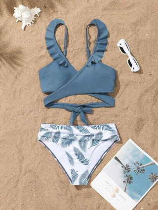 طقم تانكيني حريمي Swim مجموعة صدرية وشورت عليها طباعة أوراق 2 قطعة للنساء، بتصميم بسيط بلون أزرق ضبابي