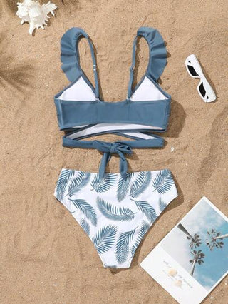 طقم تانكيني حريمي Swim مجموعة صدرية وشورت عليها طباعة أوراق 2 قطعة للنساء، بتصميم بسيط بلون أزرق ضبابي