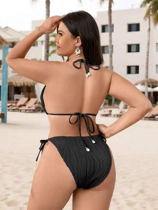 SHEIN Swim Curve مجموعة سباحة نسائية مقاس كبير مكونة من قطعتين ذات لون أحادي ولحمالات رفيعة وشق، ملابس شاطئ وعطلات صيفية رياضية وأنيقة