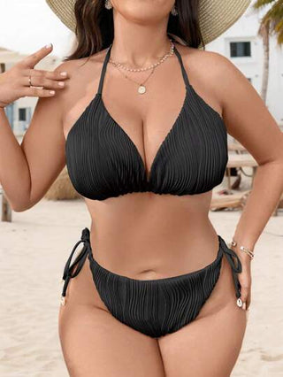 SHEIN Swim Curve مجموعة سباحة نسائية مقاس كبير مكونة من قطعتين ذات لون أحادي ولحمالات رفيعة وشق، ملابس شاطئ وعطلات صيفية رياضية وأنيقة