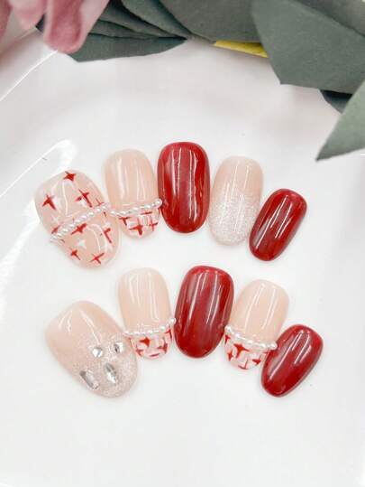 10 قطع مسامير بيضاوية مصنوعة يدويًا، بألوان متباينة متعددة وإكسسوارات من الراين، من جودة صالونات الحلاقة الراقية، مناسبة للاستخدام اليومي من قبل نساء بأساليب مختلفة، ويمكن تقديمها كهدايا