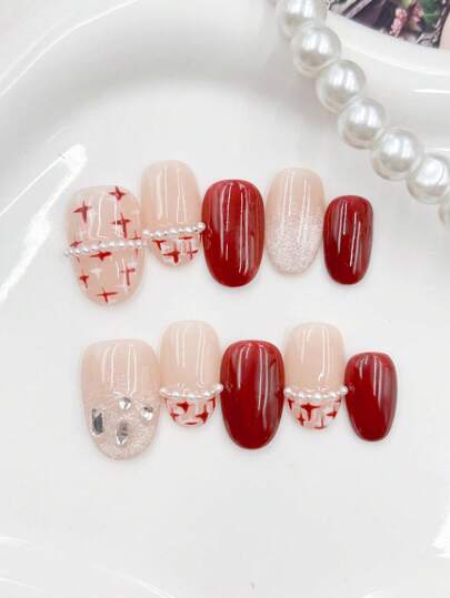 10 قطع مسامير بيضاوية مصنوعة يدويًا، بألوان متباينة متعددة وإكسسوارات من الراين، من جودة صالونات الحلاقة الراقية، مناسبة للاستخدام اليومي من قبل نساء بأساليب مختلفة، ويمكن تقديمها كهدايا