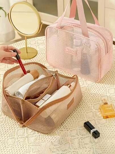 حقيبة مكياج من النايلون شبكي ذات سعة كبيرة، منظم مستحضرات تجميل متعدد الطبقات قابل للتنفس، حقيبة أدوات تجميل خفيفة الوزن، حقيبة سفر للغسيل عصرية، بمقصورات لمستحضرات التجميل وأدوات المكياج، بتصميم بسيط مع إغلاق سحاب، مقبض حمل أحادي اليد علوي، وتصميم مفتوح