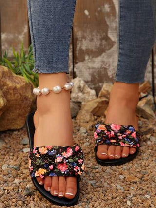 صندل نسائي ذو عقدة وردية، بنمط بوهيمي رجعي جديدة للصيف، صندل أسود رسمي عصري للخارج، أحذية شرائح مسطحة متعددة الاستخدامات للسيدات