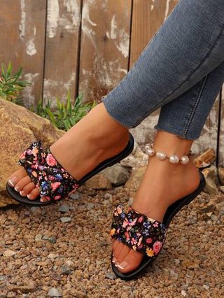 صندل نسائي ذو عقدة وردية، بنمط بوهيمي رجعي جديدة للصيف، صندل أسود رسمي عصري للخارج، أحذية شرائح مسطحة متعددة الاستخدامات للسيدات