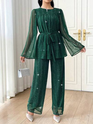 طقم حريمي قطعتين Modelyn العيد مجموعة قميص وسراويل نسائية بأكمام طويلة برقبة طاقم مطوي من الشبك بلمسة لامعة 2 قطعة