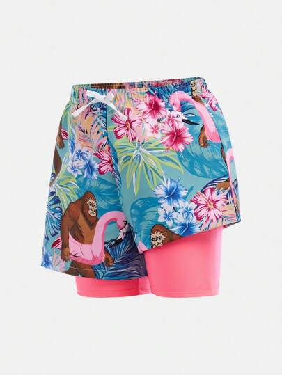 مايوه أولادي سراويل السباحة/شورت الشاطئ الفضفاضة المريحة للأطفال والمراهقين الصبية مع طبعات أشجار النخيل والفلامنجو ، بطانة فضفاضة