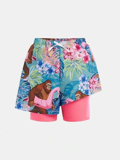 مايوه أولادي سراويل السباحة/شورت الشاطئ الفضفاضة المريحة للأطفال والمراهقين الصبية مع طبعات أشجار النخيل والفلامنجو ، بطانة فضفاضة