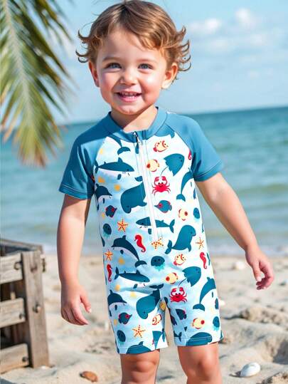 مايوه أولادي ملابس سباحة مزوَّدة بسوستة للرضع مطبوعة بطبعات حياة البحر الجميلة
