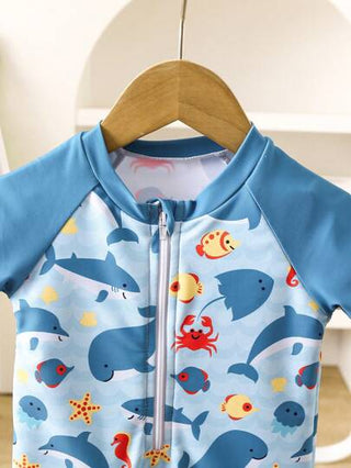 مايوه أولادي ملابس سباحة مزوَّدة بسوستة للرضع مطبوعة بطبعات حياة البحر الجميلة