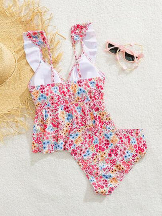 طقم تانكيني حريمي Swim Mod 2 قطعة من أزياء العطلة الصيفية للنساء: ملابس علوية بكشكشات من الأزهار متناثرة بفتحة رقبة على شكل حرف V وأسفل تانكيني بخصر عالي