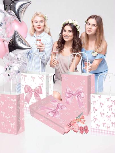 12 حقيبة هدايا موضوع الفيونكة الوردية، أكياس ورقية قابلة لإعادة الاستخدام مناسبة لحفلات المناسبات ، الكشف عن جنس الطفل، أعياد الميلاد،هدايا الزفاف