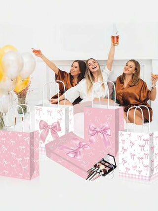 12 حقيبة هدايا موضوع الفيونكة الوردية، أكياس ورقية قابلة لإعادة الاستخدام مناسبة لحفلات المناسبات ، الكشف عن جنس الطفل، أعياد الميلاد،هدايا الزفاف