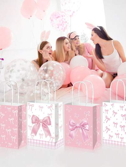 12 حقيبة هدايا موضوع الفيونكة الوردية، أكياس ورقية قابلة لإعادة الاستخدام مناسبة لحفلات المناسبات ، الكشف عن جنس الطفل، أعياد الميلاد،هدايا الزفاف