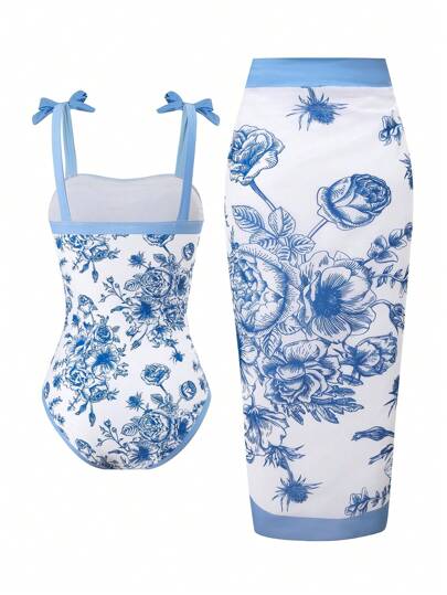 مجموعة من قطعتين بتصميم لطيف للفتيات المراهقات، بدلة سباحة من قطعة واحدة مطبوعة بطباعة خزفية وتنورة طويلة من الشيفون للتغطية (بطبعة ثابتة)